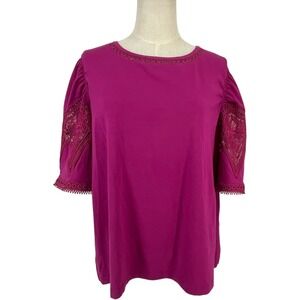 CHICOS Magenta Lace Sleeve Tunic Top Women Sz 3 XL 3/4 Sleeve Shirt Boho Crochet